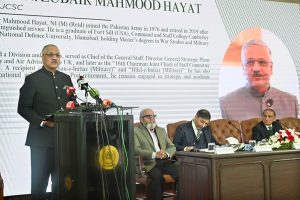 Former Joint Chiefs of Staff Committee General Zubair Mehmood Hayat speaks at a dialogue on "Indian Aggression and Pakistan's Strategic Response" at ISA