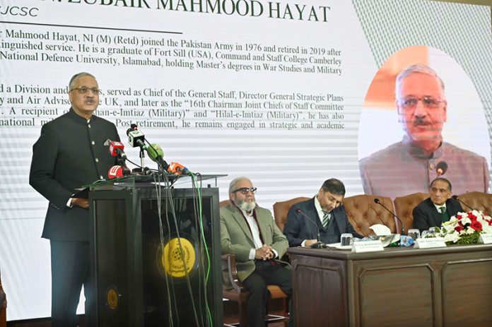 Former Joint Chiefs of Staff Committee General Zubair Mehmood Hayat speaks at a dialogue on 
