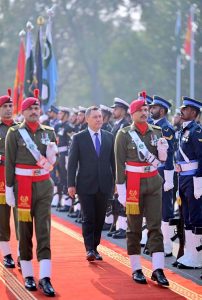 President of Kyrgyzstan H.E. Sadyr Nurgojo uulu Japarov receives guard of honor at the Prime Minister's House.