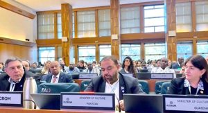 Federal Minister for National Heritage & Culture Aurangzeb Khan Khichi addresses the 34th General Assembly of the International Centre for the Study of the Preservation and Restoration of Cultural Property (ICCROM), in Rome, Italy.