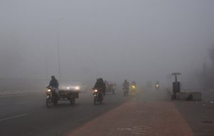 A view of dense fog in the early morning hours in the city