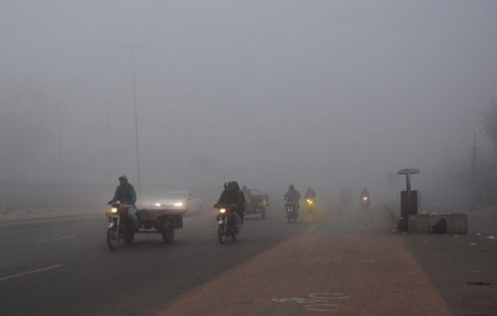 A view of dense fog in the early morning hours in the city