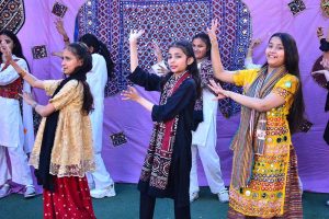 Students of RS School performing in tableau on the stage during a function in connection with upcoming Sindhi Culture Day celebrations.