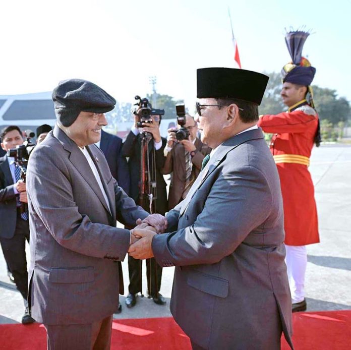 President Asif Ali Zardari receives President Prabowo Subianto of the Republic of Indonesia upon his arrival at Nur Khan Airbase