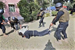 Security personnel are performing a mock exercise to prepare for any untoward incident at the University of Sargodha.