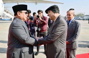 President Asif Ali Zardari receives President Prabowo Subianto of the Republic of Indonesia upon his arrival at Nur Khan Airbase