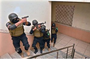 Security personnel are performing a mock exercise to prepare for any untoward incident at the University of Sargodha.