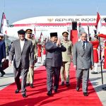 President Asif Ali Zardari, accompanied by Prime Minister Muhammad Shehbaz Sharif, receives President Prabowo Subianto of the Republic of Indonesia upon his arrival at Nur Khan Airbase