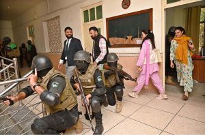Security personnel are performing a mock exercise to prepare for any untoward incident at the University of Sargodha.