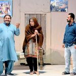 Artists perform in the drama “Maa (Mother)” during the Drama Festival at the Z.A. Bhutto Open Air Theatre, Arts Council.