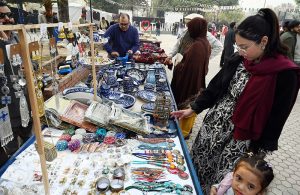 Artisans make and display their handmade decorative items at a stall during the second day of the Pakistan–Tajikistan Culture Festival Week at Lok Virsa.
