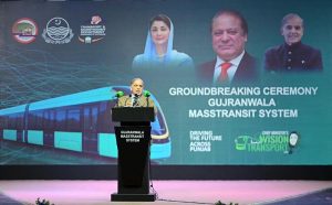 Prime Minister Muhammad Shehbaz Sharif addresses the groundbreaking ceremony of Gujranwala Mass Transit System.