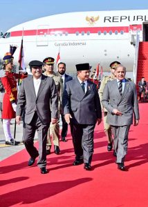 President Asif Ali Zardari, accompanied by Prime Minister Muhammad Shehbaz Sharif, receives President Prabowo Subianto of the Republic of Indonesia upon his arrival at Nur Khan Airbase