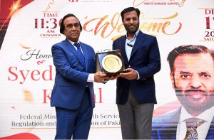 Federal Minister for National Health Services Regulation and Coordination Syed Mustafa Kamal cutting ribbon to inaugurate Indus University North Karachi Campus.