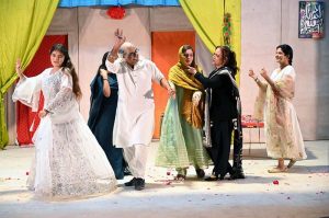 Artists performing in the Sindhi drama "Lag Manhanja Loh" during Drama Festival at Z.A. Bhutto Open Air Theater, Arts Council