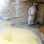 An elderly man prepares traditional sweet gur from sugarcane juice in Tang Koruna, Charsadda.