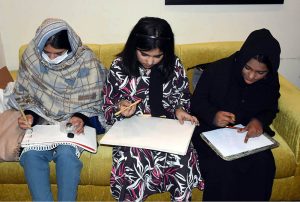 Girl art students practice for sketching during a workshop for expert art instructors and young artists at the Knowledge of Art Academy