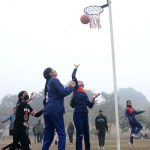 A view of the netball match played between Punjab Girls College Multan and Rifa Girls College Khanewal teams during Collegiate Girls Netball Championship 2025-26 at BISE Ground