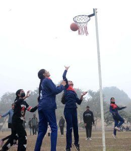 A view of the netball match played between Punjab Girls College Multan and Rifa Girls College Khanewal teams during Collegiate Girls Netball Championship 2025-26 at BISE Ground