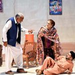 Artists performing in the drama “ Pato Pondaee Poe ( Pata Chale Ga Baad Mein) ” during Drama Festival at Z.A. Bhutto Open Air Theater, Arts Council.