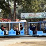 Families enjoy a Saturday stroll as children ride a mini train in the park.
