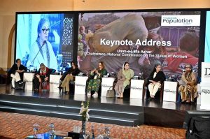 Senator Mushahid Hussain Syed addresses a conference on population issues organized by Dawn Media at a local hotel.