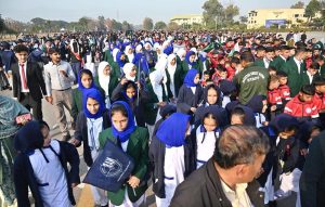 Speaker National Assembly Sardar Ayaz Sadiq and Chairman NAB Lt Gen (R) Nazir Ahmed lead an awareness walk with participants during an event marking International Anti-Corruption Day, organized by the NAB Islamabad–Rawalpindi at the Sports Complex.
