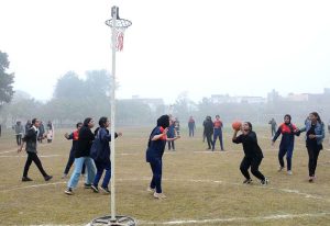 A view of the netball match played between Punjab Girls College Multan and Rifa Girls College Khanewal teams during Collegiate Girls Netball Championship 2025-26 at BISE Ground