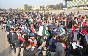 Speaker National Assembly Sardar Ayaz Sadiq and Chairman NAB Lt Gen (R) Nazir Ahmed lead an awareness walk with participants during an event marking International Anti-Corruption Day, organized by the NAB Islamabad–Rawalpindi at the Sports Complex.