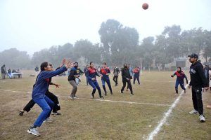 A view of the netball match played between Punjab Girls College Multan and Rifa Girls College Khanewal teams during Collegiate Girls Netball Championship 2025-26 at BISE Ground