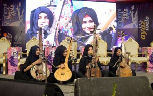 Folk female singers performing Shah Abdul Latif Bhitai’s poetry during the 11th Ayaz Mela organized by Khana Badosh Writers’ Café at Sindh Museum.