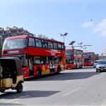 Double-decker buses resume service on Shahrah-e-Faisal after a gap of 65 years, reviving a nostalgic chapter of Karachi’s public transport history, as commuters welcome the iconic buses.