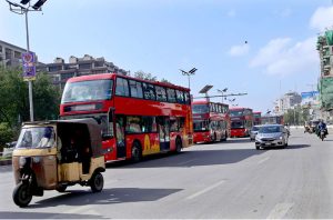 Double-decker buses resume service on Shahrah-e-Faisal after a gap of 65 years, reviving a nostalgic chapter of Karachi’s public transport history, as commuters welcome the iconic buses.