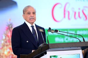 Prime Minister Muhammad Shehbaz Sharif addresses the Christmas ceremony at PM House.