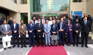 Federal Minister for Ministry of National Food Security and Research Rana Tanveer Hussain chairs an interactive meeting with exporters at Lahore Chamber of commerce.