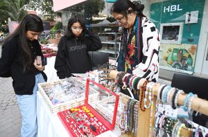 Women taking keen interest in books during the 18th World Urdu Conference at the Arts Council.