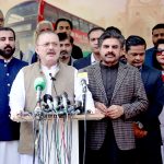 Sindh Senior Minister Sharjeel Inam Memon addressing media persons after inaugurating double-decker bus service in the city.