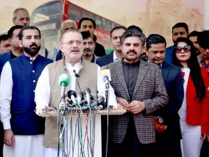Sindh Senior Minister Sharjeel Inam Memon addressing media persons after inaugurating double-decker bus service in the city.