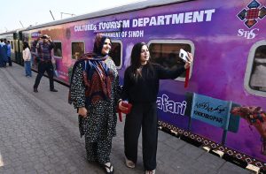 A view of the Thar Desert Train Safari, arriving from Karachi Cantt Railway Station and extending up to Khokhrapar (Marvi Railway Station–Zero Point), organized by the Sindh Culture & Tourism Department.
