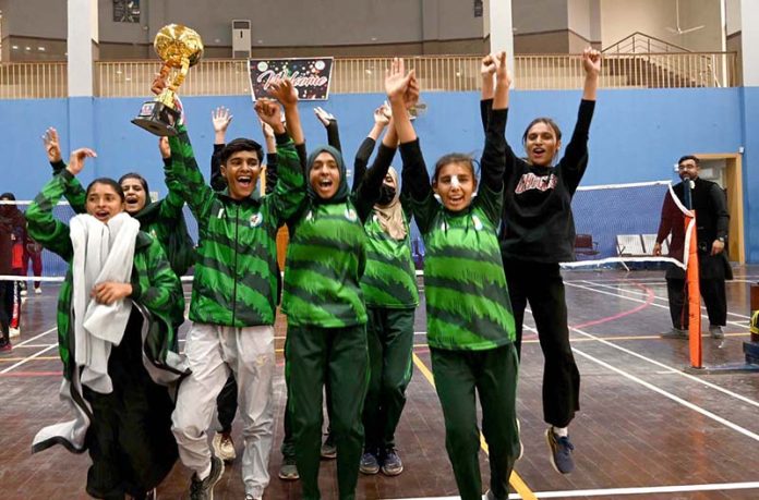 Players of Superior College celebrate their victory in the Girls Badminton Championship organized by the District Sports Department