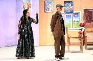 Artists performing in the Sindhi drama “Ak Alti Dhar” on late Thursday night during the opening ceremony of the Drama Festival 2025 at Z.A. Bhutto Open Air Theater, Arts Council.