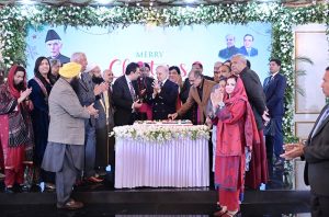 Prime Minister Muhammad Shehbaz Sharif joins cake cutting ceremony at the Christmas celebrations at PM House.