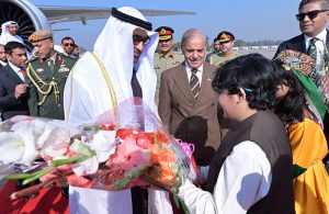 Prime Minister Muhammad Shehbaz Sharif welcomes President of UAE, Mohamed bin Zayed al-Nahyan upon his arrival at Noor Khan Base.
