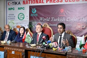 Ambassador of Türkiye to Pakistan, H.E. Dr. Irfan Neziroğlu addressing a seminar on "World Turkish Coffee Day" at National Press Club.