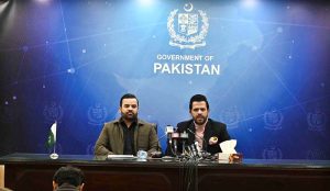 Federal Parliamentary Secretary for Information & Broadcasting Barrister Danyal Chaudhry and Minister of State for Law and Justice Barrister Aqeel Malik address a press conference at PID.