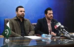Federal Parliamentary Secretary for Information & Broadcasting Barrister Danyal Chaudhry and Minister of State for Law and Justice Barrister Aqeel Malik address a press conference at PID.