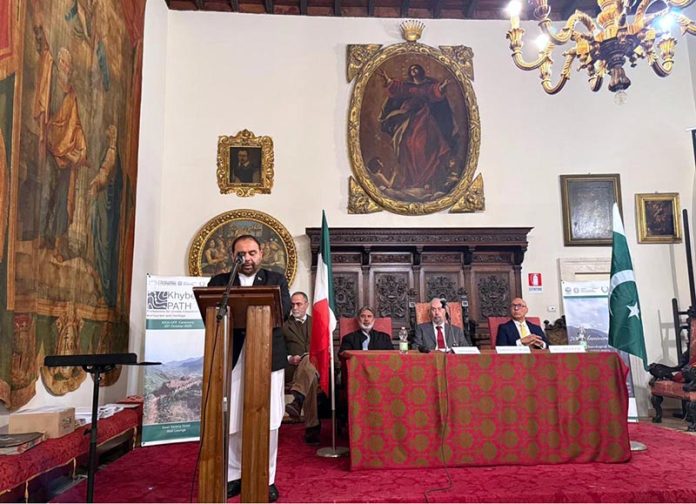 Cultural Minister Aurangzeb Khan Khichi addressing the ceremony, marking the 70th anniversary of the Italian Archaeological Mission at Swat