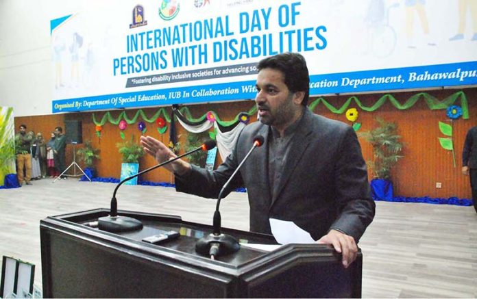 Deputy Speaker Punjab Assembly Malik Zaheer Iqbal Channar addresses a ceremony held to mark the International Day of Persons with Disabilities