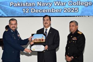 Chairman Senate Syed Yusuf Raza Gilani addressing during the closing ceremony of the 8th Maritime Security Workshop (MARSEW-8) at Pakistan Navy War College.