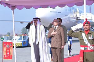 President of UAE, His Highness Sheikh Mohamed bin Zayed Al Nahyan is being presented Guard of Honour upon arrival at Noor Khan Airbase.